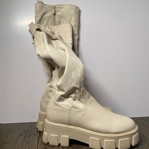 Cream tall faux leather techwear boot